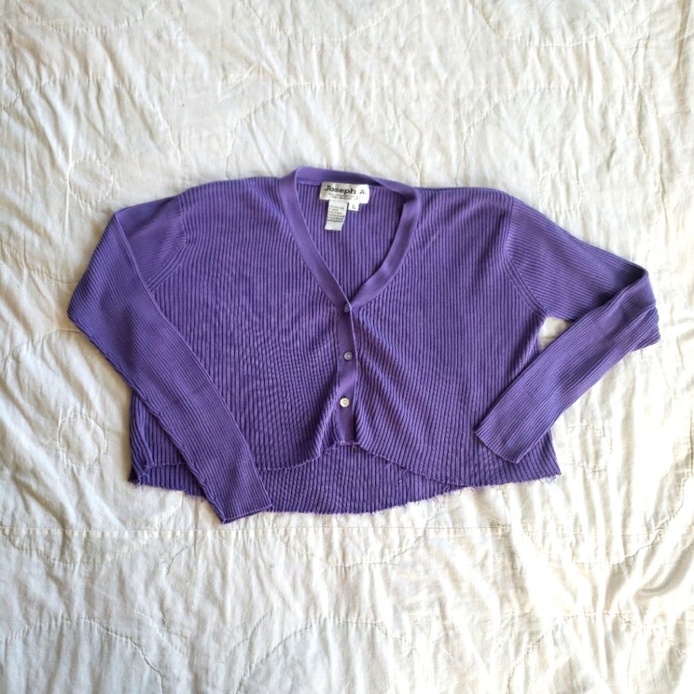 Silk Y2K Cropped Cardigan XL Ribbed Long Sleeve Lagenlook Frayed Hem Button Down